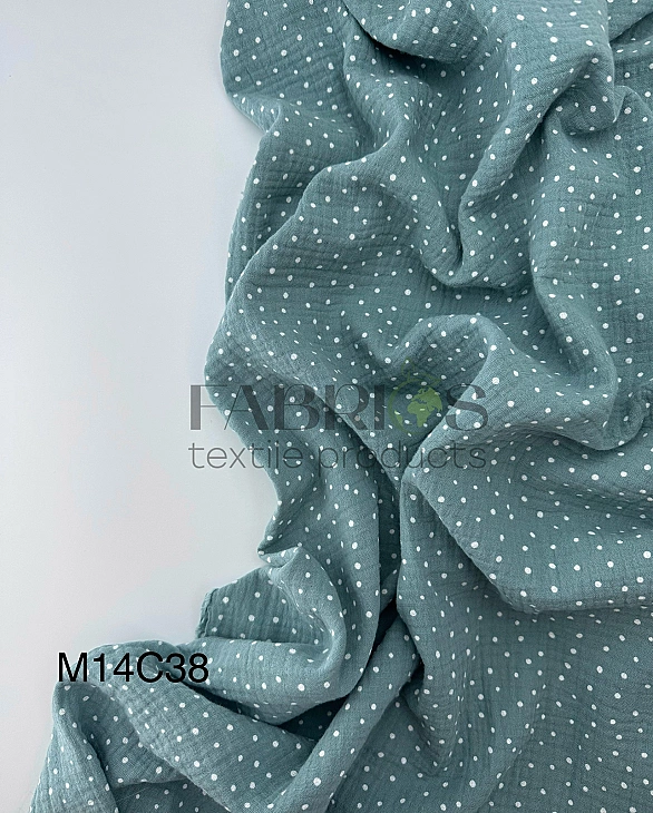 M-14/D-34-38 Муслін жатка 2-х шаровий принт геометричний горошки білі дрібні хаотичні на шавлієвому