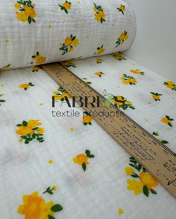 M 5032 C2 Муслін жатка 2-х шаровий принт квіти прованс жовті на молочному 100% бавовна 135-140 см 12