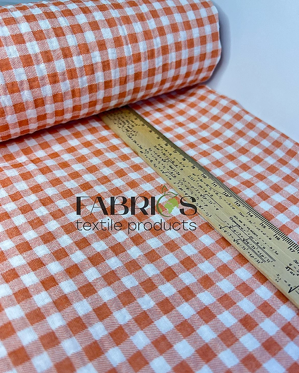 MINT-1 Муслін жатка 2-х шаровий принт геометричний клітинка бежева на молочному 100% бавовна 135-140