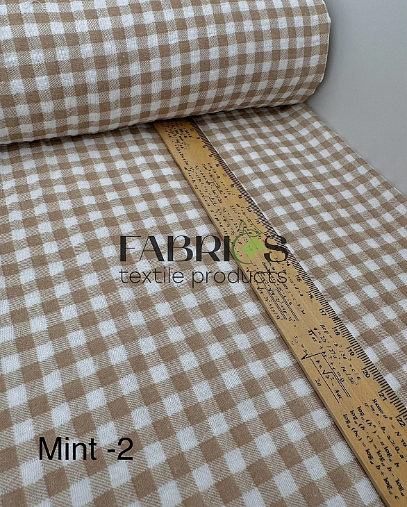 MINT-2 Муслін жатка 2-х шаровий принт геометричний клітинка бежева на молочному 100% бавовна 135-140