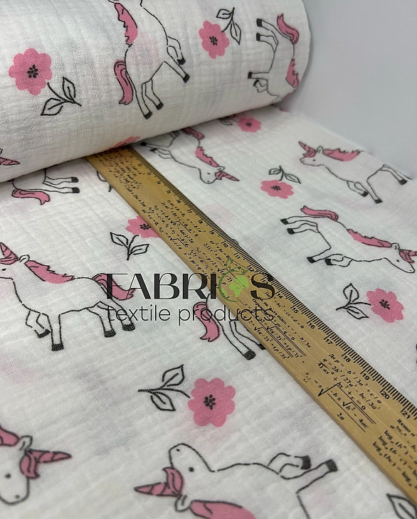 MINT-3 Муслін жатка 2-х шаровий принт звірята єдинорожки на молочному 100% бавовна 135-140 см 125-13