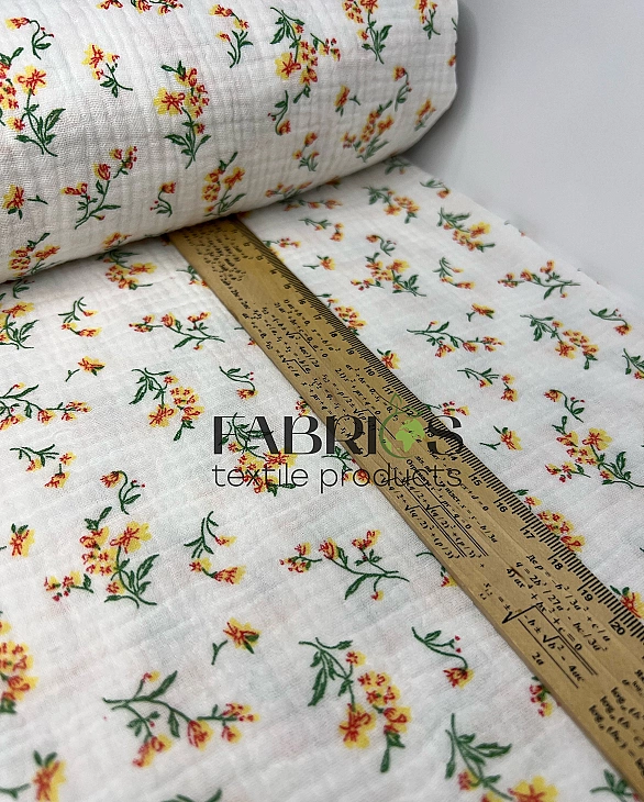 MINT-6 Муслін жатка 2-х шаровий принт квіти помаранчеві на молочному 100% бавовна 135-140 см 125-135