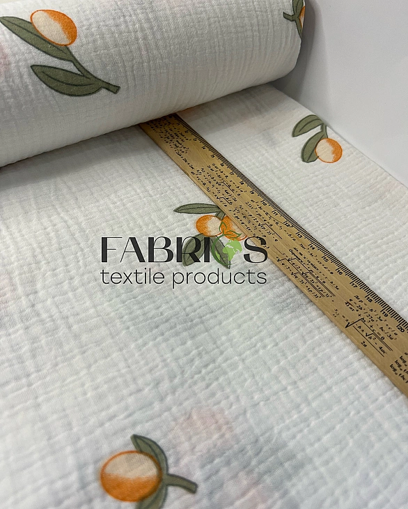 MINT-8 Муслін жатка 2-х шаровий принт рослинний гілочки мандарина на молочному 100% бавовна 135-140
