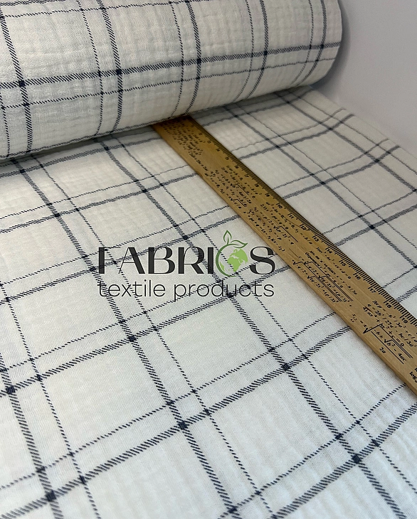 MINT-9 Муслін жатка 2-х шаровий принт геометричний клітинка синя середня на молочному 100% бавовна 1