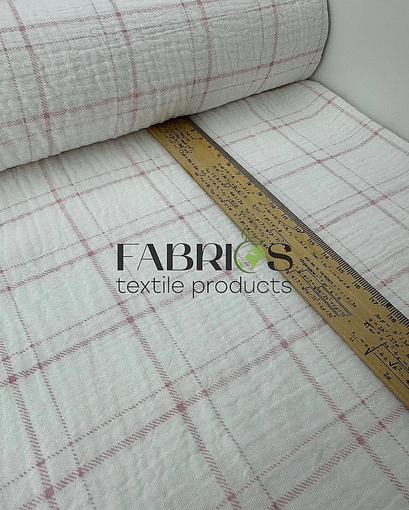 MINT-10 Муслін жатка 2-х шаровий принт геометричний клітинка рожева середня на молочному 100% бавовн