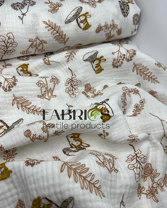 MINT-14 Муслін жатка 2-х шаровий принт звірята зайчата, грибочки, гілочки на молочному 100% бавовна