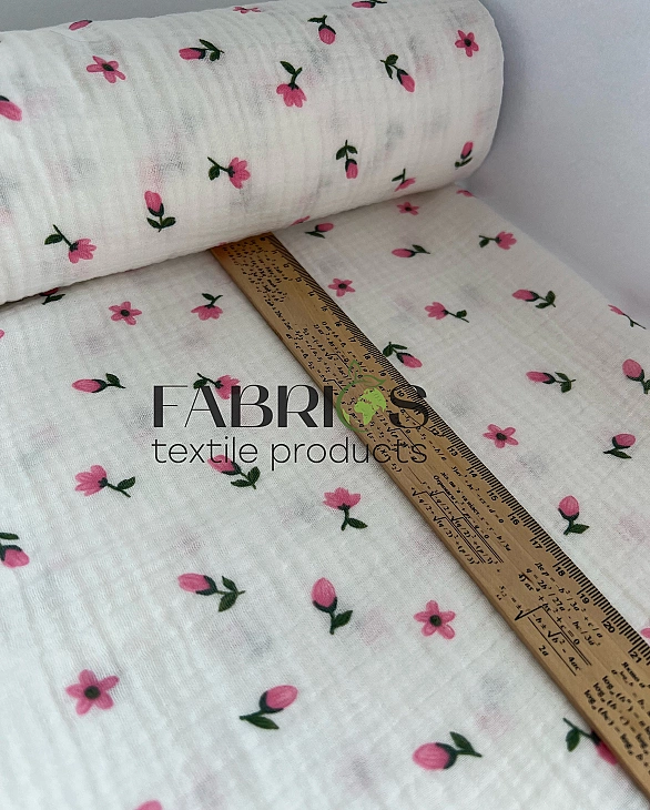 M 5021 C2 Муслін жатка 2-х шаровий принт квіти тюльпани рожеві на молочному 100% бавовна 135-140 см