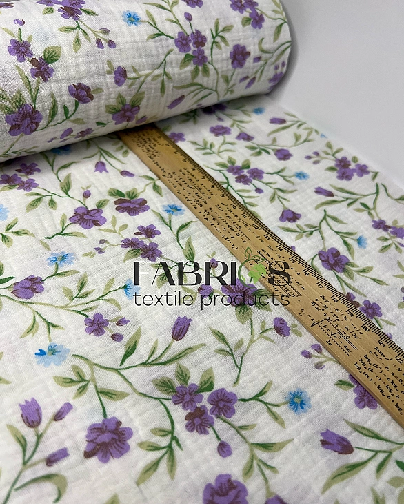 MINT-15 Муслін жатка 2-х шаровий принт квіти бузові на молочному 100% бавовна 135-140 см 125-135 гра