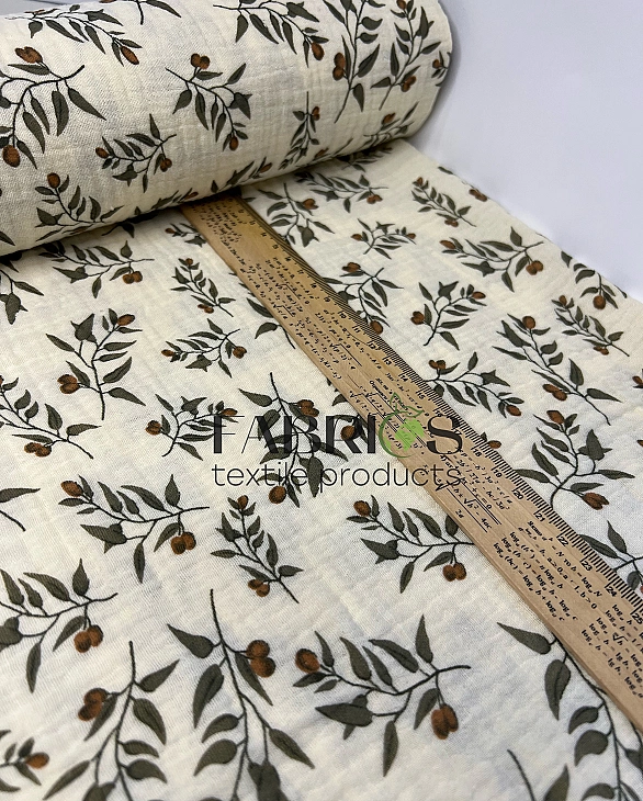 MINT-16 Муслін жатка 2-х шаровий принт рослинний гілочки оливи на айворі 100% бавовна 135-140 см 125