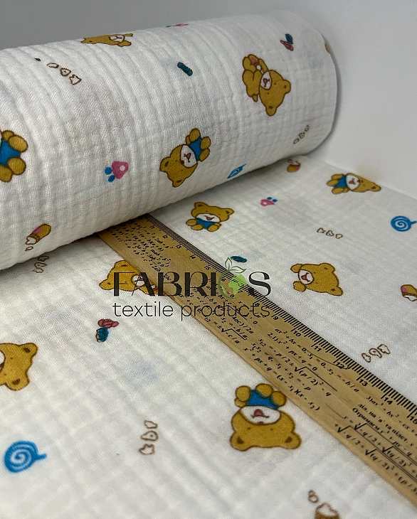 MINT-17 Муслін жатка 2-х шаровий принт звірята ведмедики в синьому на молочному 100% бавовна 135-140