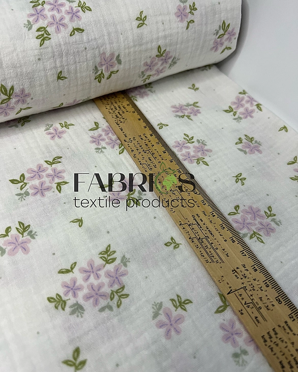 MINT-19 Муслін жатка 2-х шаровий принт квіти бузок на молочному 100% бавовна 135-140 см 125-135 грам