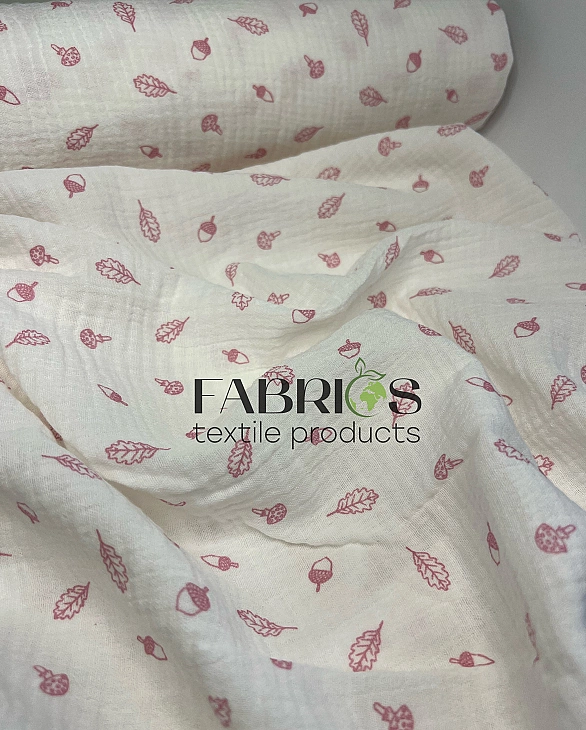 MINT-23 Муслін жатка 2-х шаровий принт рослинний жолуді на молочному 100% бавовна 135-140 см 125-135