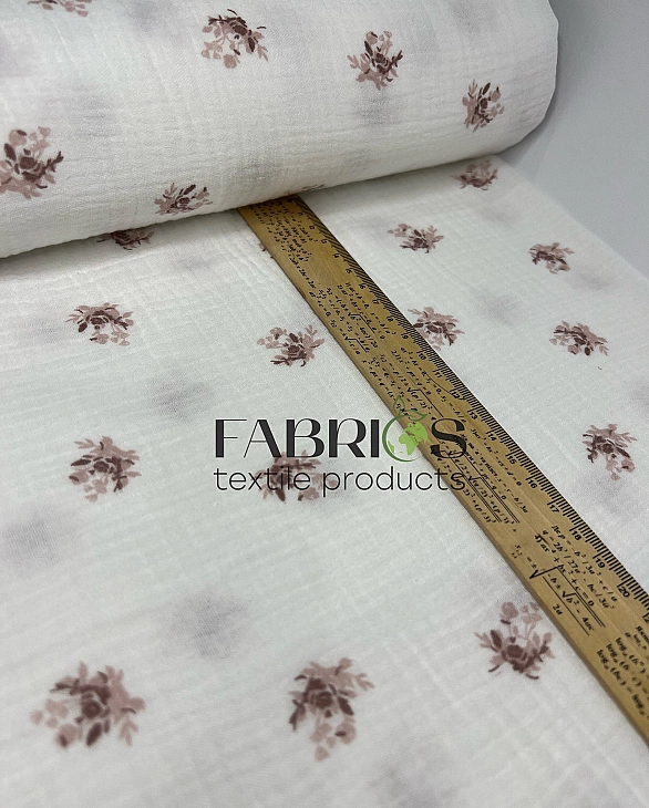 MINT-24 Муслін жатка 2-х шаровий принт квіти букети бежеві на молочному 100% бавовна 135-140 см 125-