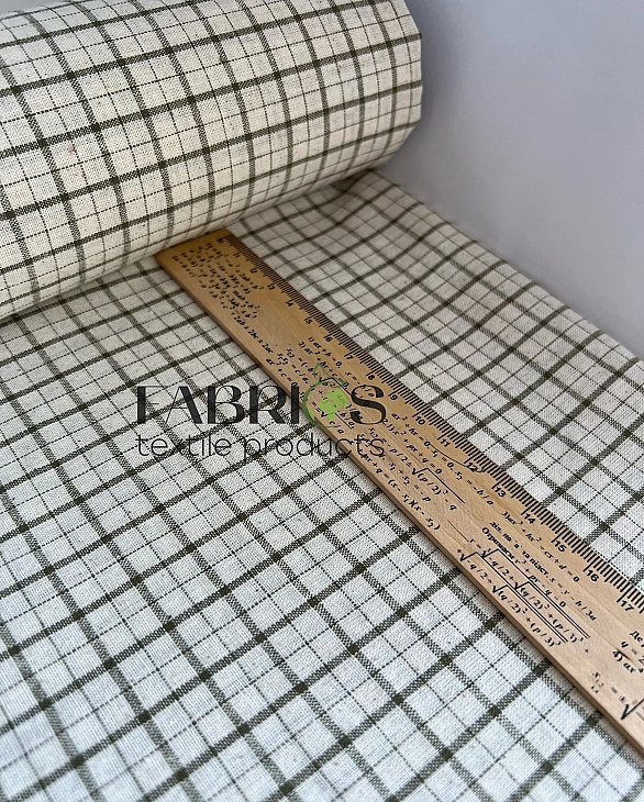 DENNIS-3C2 варена бавовна принт геометричний клітинка оливкова на молочному 100% бавовна 145-150 см