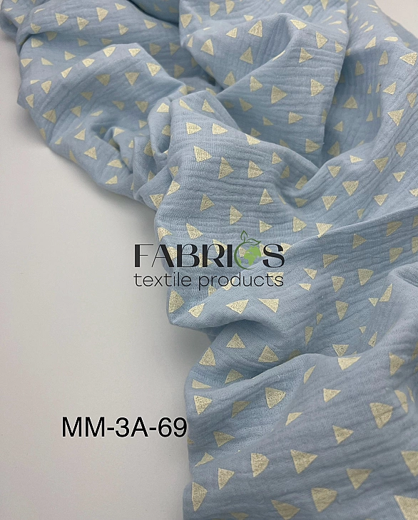 MM-3A-69 Муслін жатка 2-х шаровий принт геометричний трикутники на блакитному 100% бавовна 135-140 с