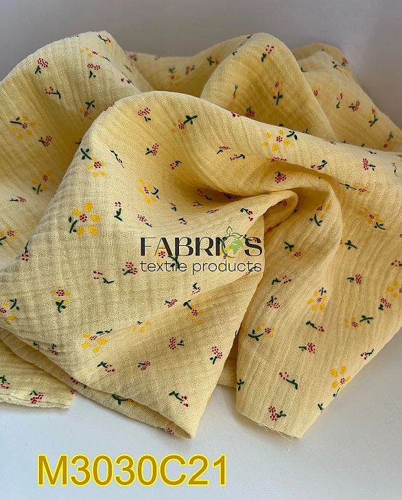 2023030C21 Муслін жатка 2-х шаровий принт квіти ромашки жовті на жовтому 100% бавовна 135-140 см 125