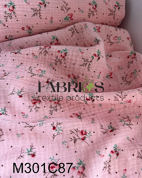 202301C87 Муслін жатка 2-х шаровий принт квіти троянди з зеленими листочками та крапочками на рожево