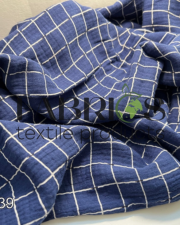 M20C39 Муслін жатка 2-х шаровий принт геометричний клітинка на синьому 100% бавовна 135-140 см 125-1