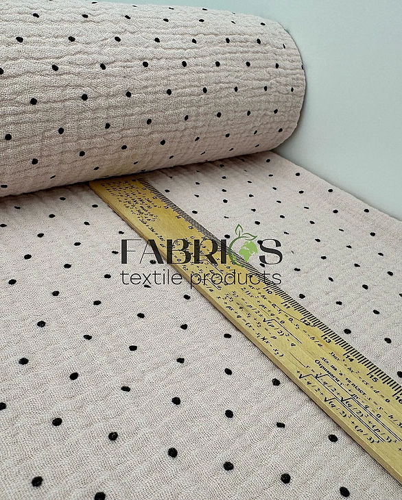 MM R5 Муслін жатка 2-х шаровий принт геометричний горошки чорні дрібні на бежево-пудровому 100% баво