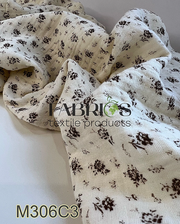 M306C3 Муслін жатка 2-х шаровий принт квіти коричневі дрібні на айворі 100% бавовна 135-140 см 125-1