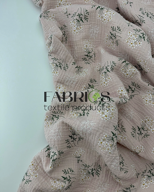 M16C5 Муслін жатка 2-х шаровий принт квіти мімози на бежево-пудровому 100% бавовна 135-140 см 125-13