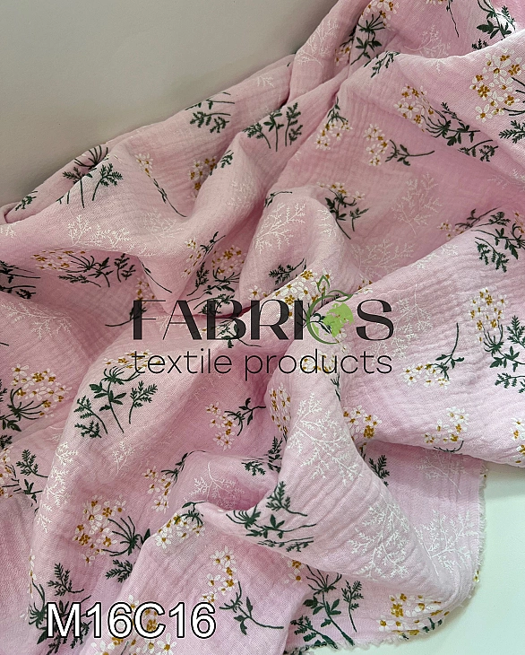 M16C16 Муслін жатка 2-х шаровий принт квіти мімози на рожевому 100% бавовна 135-140 см 125-135 грам/