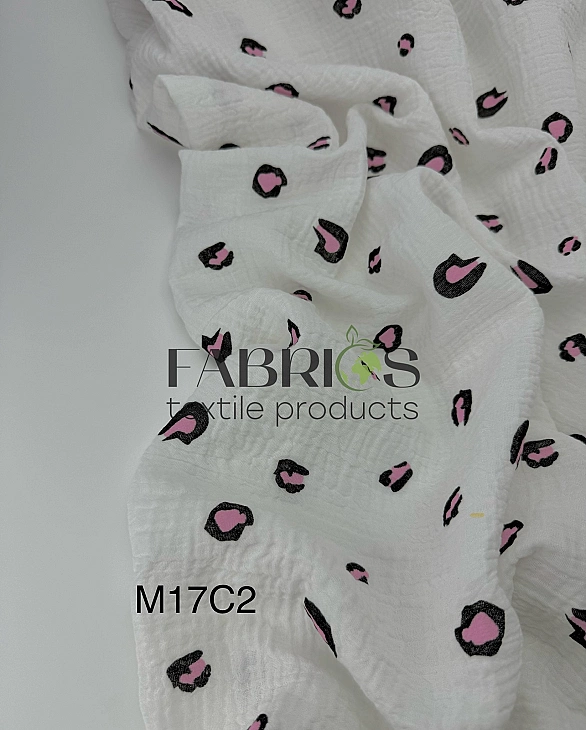 M17C2 | MUSLIN PRINTING-M17C2 Муслін жатка 2-х шаровий принт цятки леопард чорно-рожеві на молочному