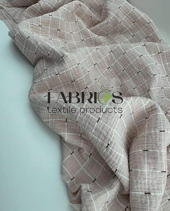 M20C5 Муслін жатка 2-х шаровий принт геометричний клітинка біла середня вузька на бежевому 100% баво