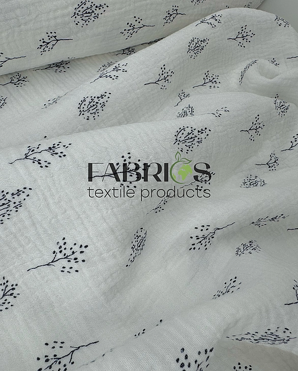 M21C2 Муслін жатка 2-х шаровий принт рослинний деревця чорні на молочному 100% бавовна 135-140 см 12