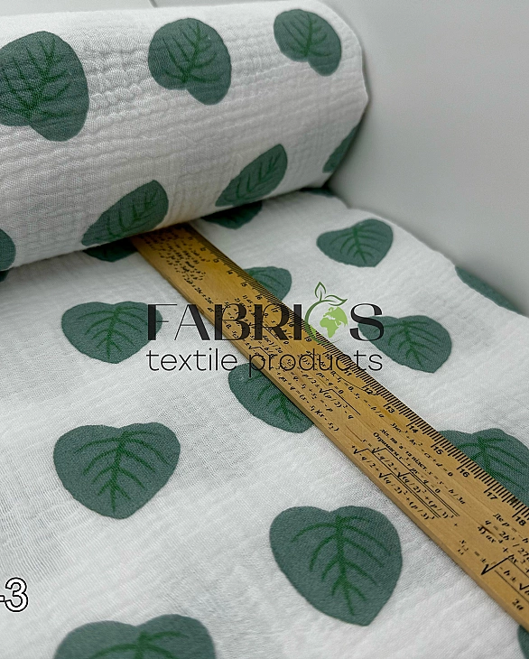 LEAD-3 Муслін жатка 2-х шаровий принт рослинний листочки лотоса на молочному 100% бавовна 135-140 см