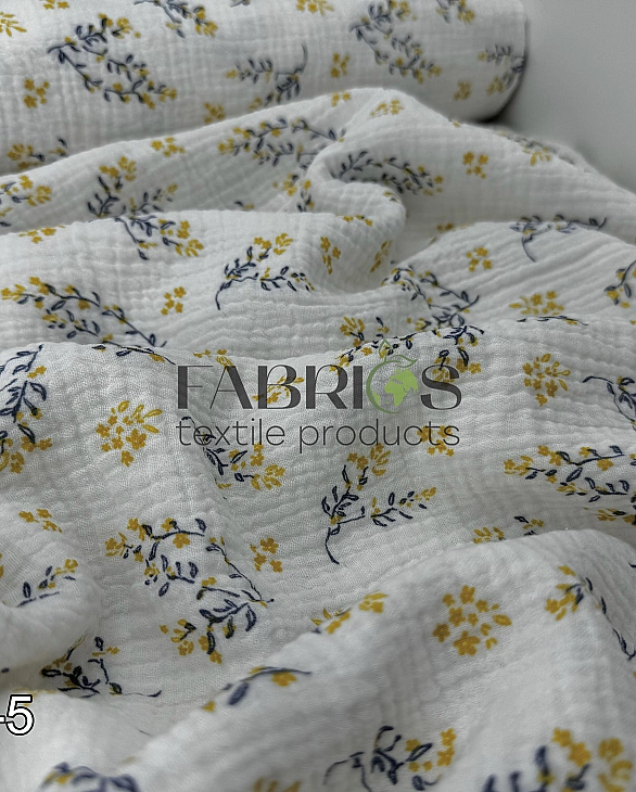LEAD-5 Муслін жатка 2-х шаровий принт рослинний гілочки сині з жовтими квітами на молочному 100% бав