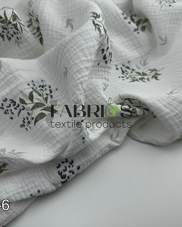 LEAD-6 Муслін жатка 2-х шаровий принт рослинний гілочки акварельні з синьо-блакитними квітами і лист