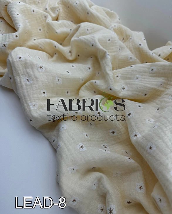 LEAD-8 Муслін жатка 2-х шаровий принт квіти білі анемони на айворі 100% бавовна 135-140 см 125-135 г