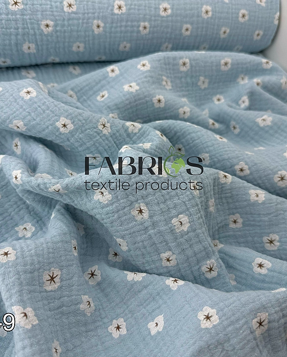 M 5031 C2 Муслін жатка 2-х шаровий принт квіти білі анемони на блакитному 100% бавовна 135-140 см 12