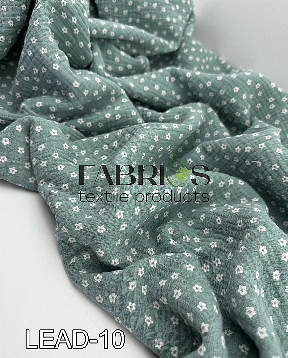 LEAD-10 Муслін жатка 2-х шаровий принт квіти дрібні білі на шавлієвому 100% бавовна 135-140 см 125-1