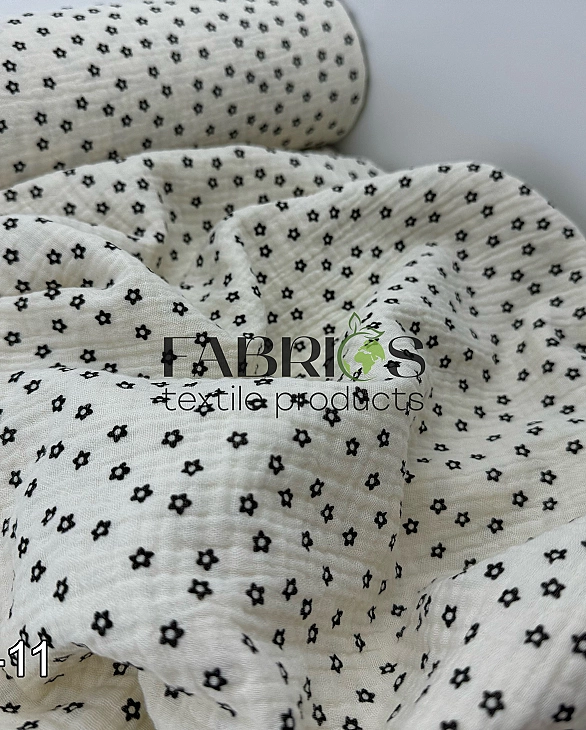 LEAD-11 Муслін жатка 2-х шаровий принт квіти дрібні чорні на айворі 100% бавовна 135-140 см 125-135