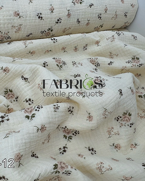 M 5043 C2 Муслін жатка 2-х шаровий принт квіти троянди бежево-пудрові з гілочками на айворі 100% бав