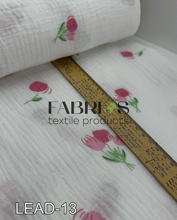 LEAD-13 Муслін жатка 2-х шаровий принт квіти букети рожевих тюльпанів на молочному 100% бавовна 135-