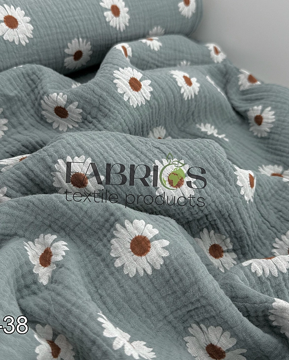 LEAD-C38 Муслін жатка 2-х шаровий принт квіти ромашки білі великі на шавлієвому 100% бавовна 135-140