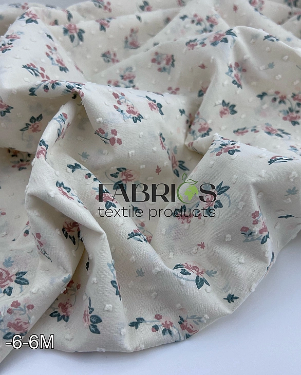 CIRCLE-6 M | ANTONIA-C00901 батист принт квіти троянди рожево-пудрові з гілочками та листям на айвор