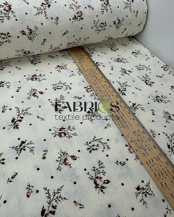 CIRCLE-8 -1 батист принт квіти троянди з зеленими листочками та крапочками на айворі 100% бавовна 14