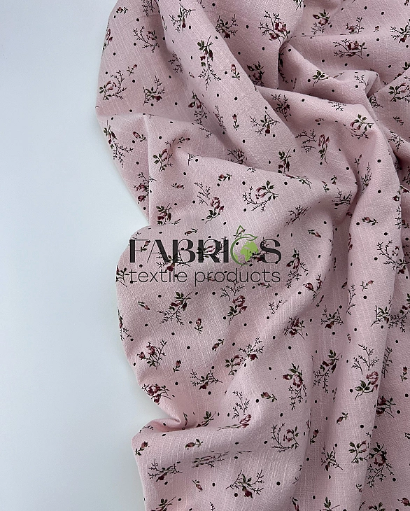 CIRCLE-8 -3 батист принт квіти троянди з зеленими листочками та крапочками на світло-рожевому 100% б