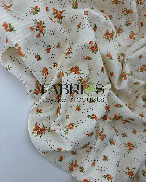 CIRCLE-10 -3 батист принт квіти троянди оранжеві на стеблі з листочками на айворі 100% бавовна 142-1