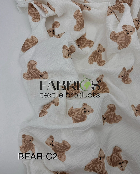 BEAR-C2 | MUSLIN PRINTING-BEAR-C2 Муслін жатка 2-х шаровий принт звірята ведмедики Тедді на молочном