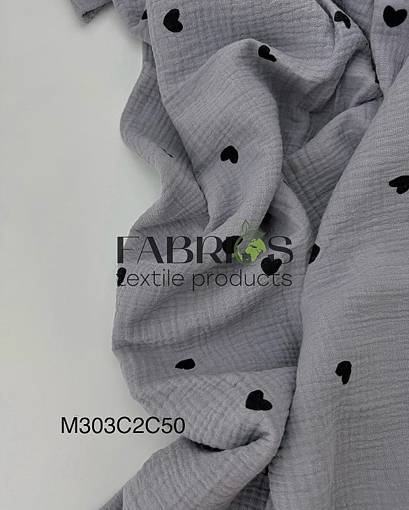 M 304 C50 Муслін жатка 2-х шаровий принт LOVE сердечки чорні середні на сірому 100% бавовна 135-140