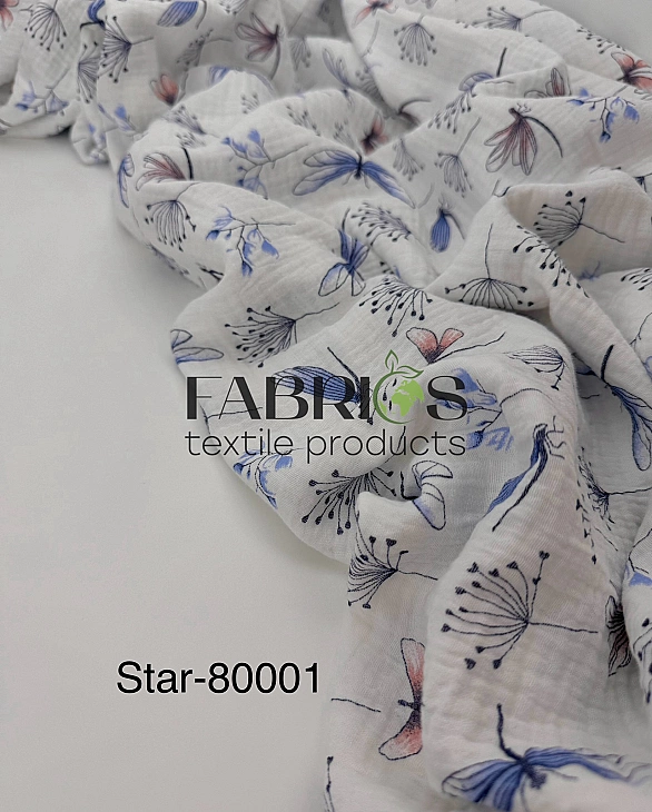 STAR-80001 Муслін жатка 2-х шаровий принт квіти блакитні бабки метелики на білому 100% бавовна 135-1