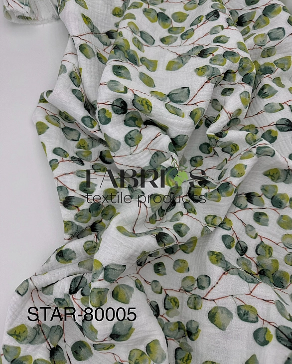 STAR-80005 Муслін жатка 2-х шаровий принт рослинний листочки евкаліпта на білому 100% бавовна 135-14