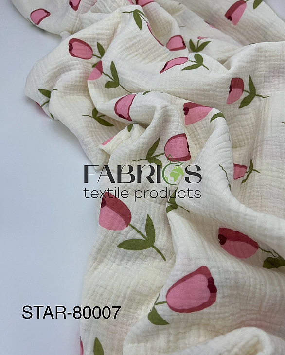 STAR-80007 Муслін жатка 2-х шаровий принт квіти тюльпани великі на айворі 100% бавовна 135-140 см 12