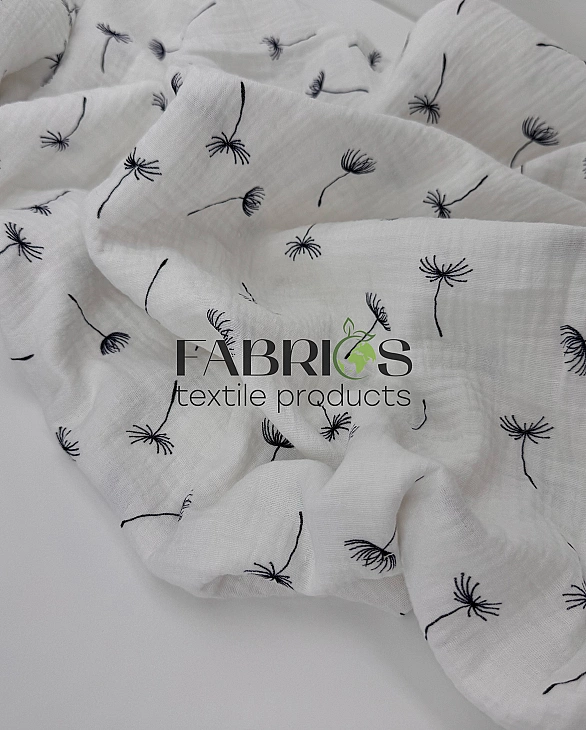 STAR-80008 | MUSLIN PRINTING-STAR-80008 Муслін жатка 2-х шаровий принт квіти кульбабка на молочному