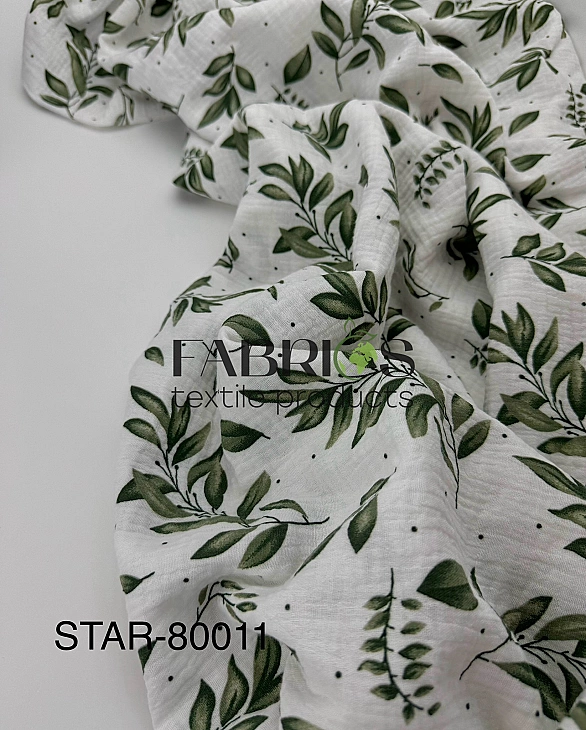 STAR-80011 Муслін жатка 2-х шаровий принт геометричний гілочки зелені довгі на білому 100% бавовна 1